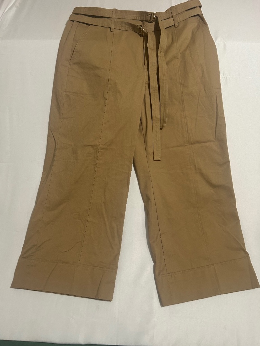 NWT LOFT Belted Wide Leg Ankle Pants Tan Khaki Stretch Twill 10P